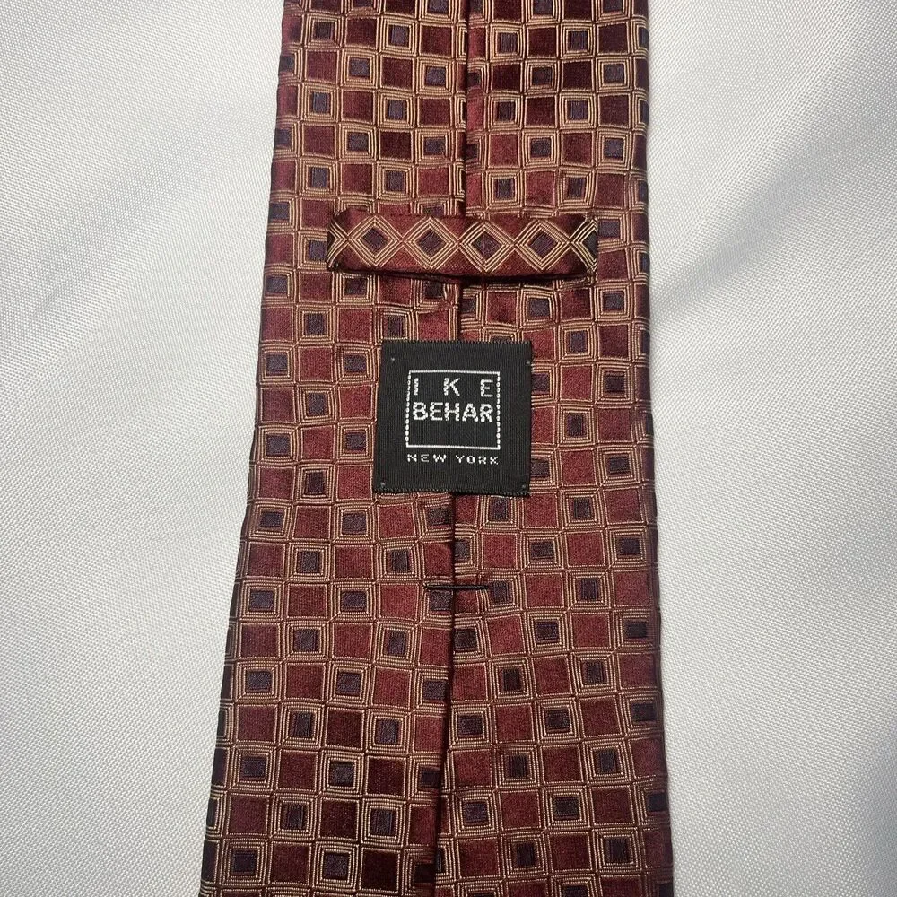 IKE BEHAR Mens Tie Red Gold 100% Silk USA Designer Geometric 60